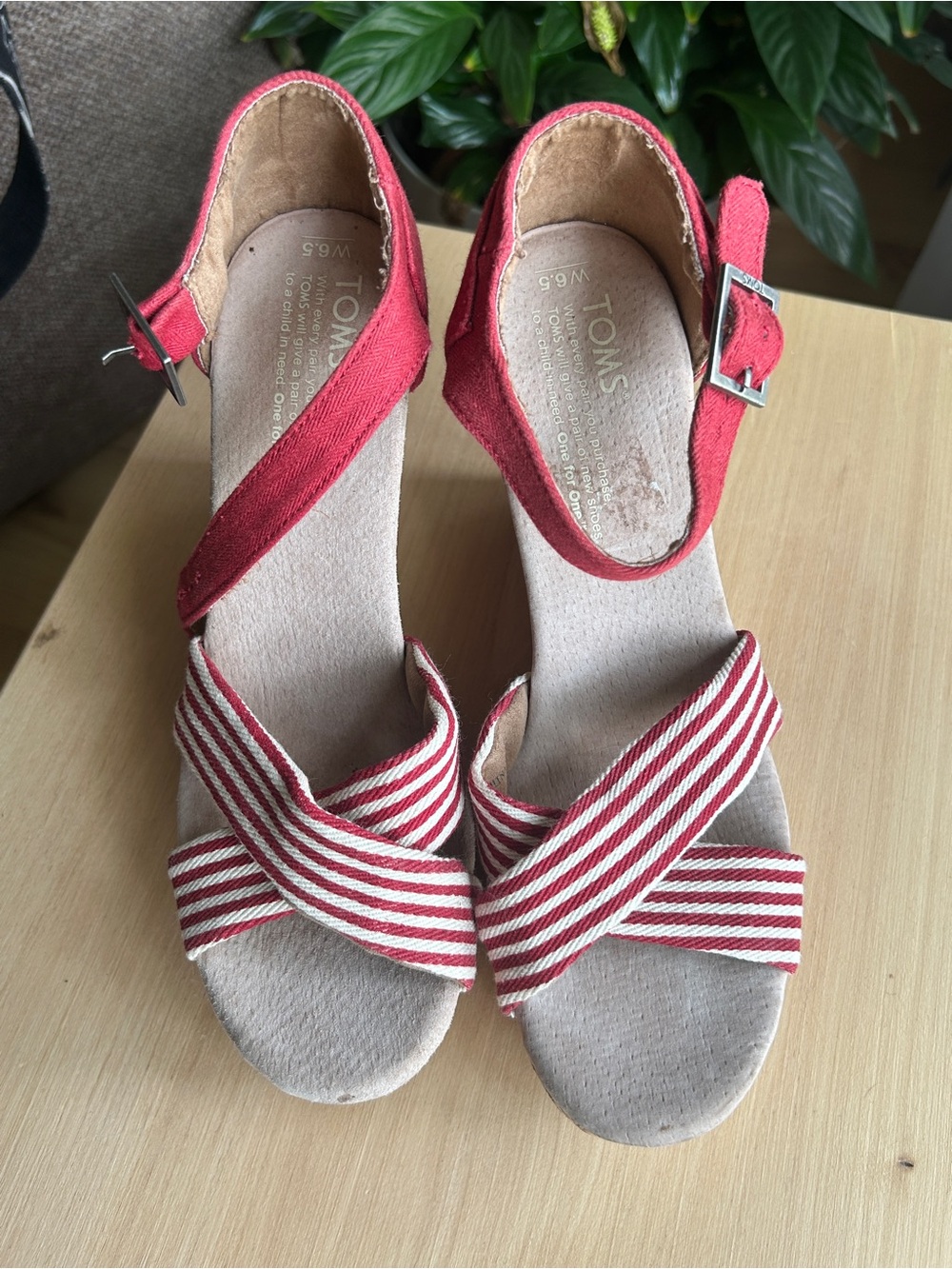 TOMS Red Striped Wedge Sandals with Ankle Strap